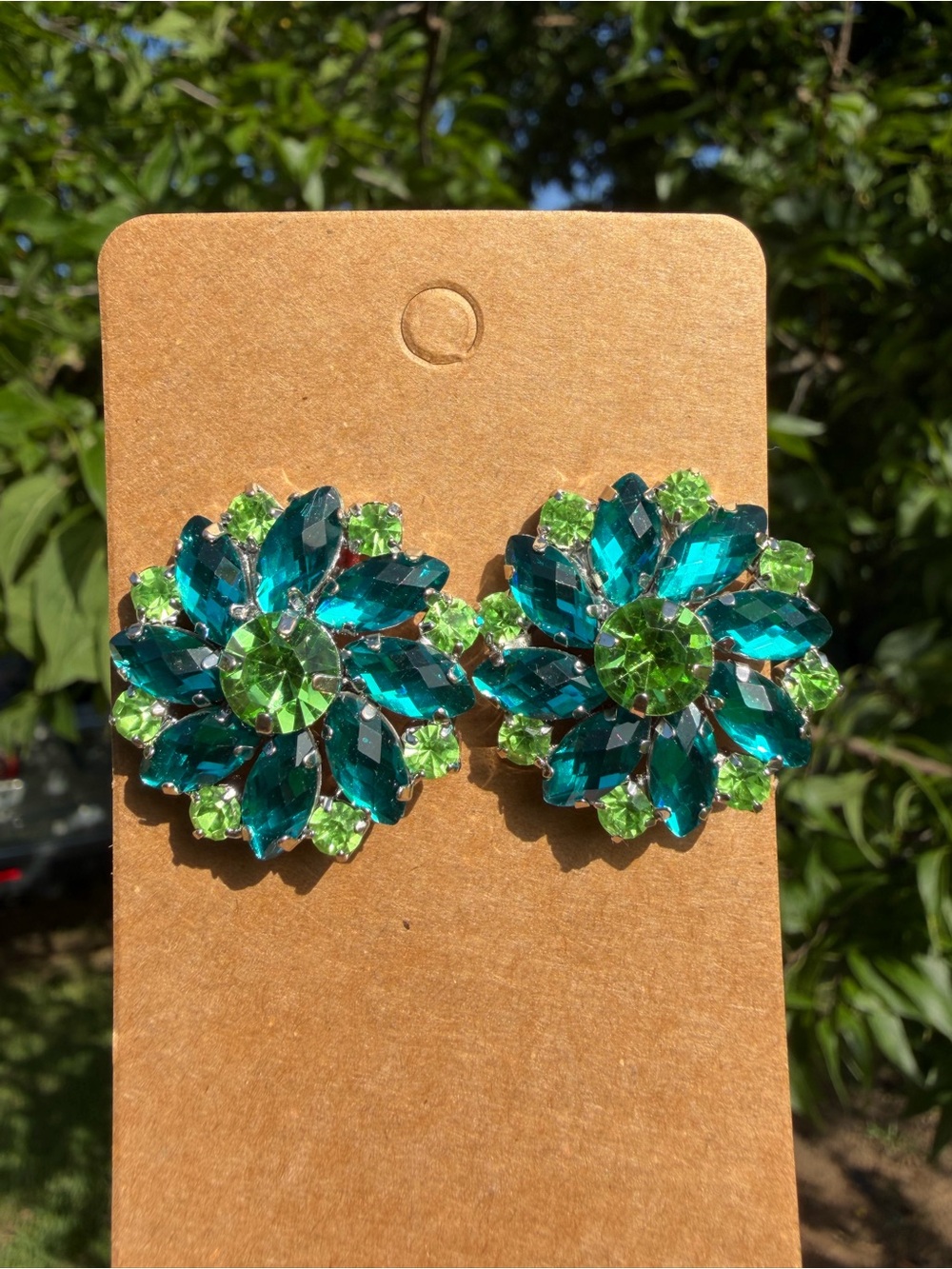 Teal and Lime Rhinestone Crystal Flower Earrings - Women Jewelry